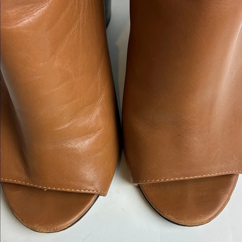 Tory Burch Grove Open Toe Bootie Sz 5 Royal Tan Wood Detail Heel Designer Luxury
